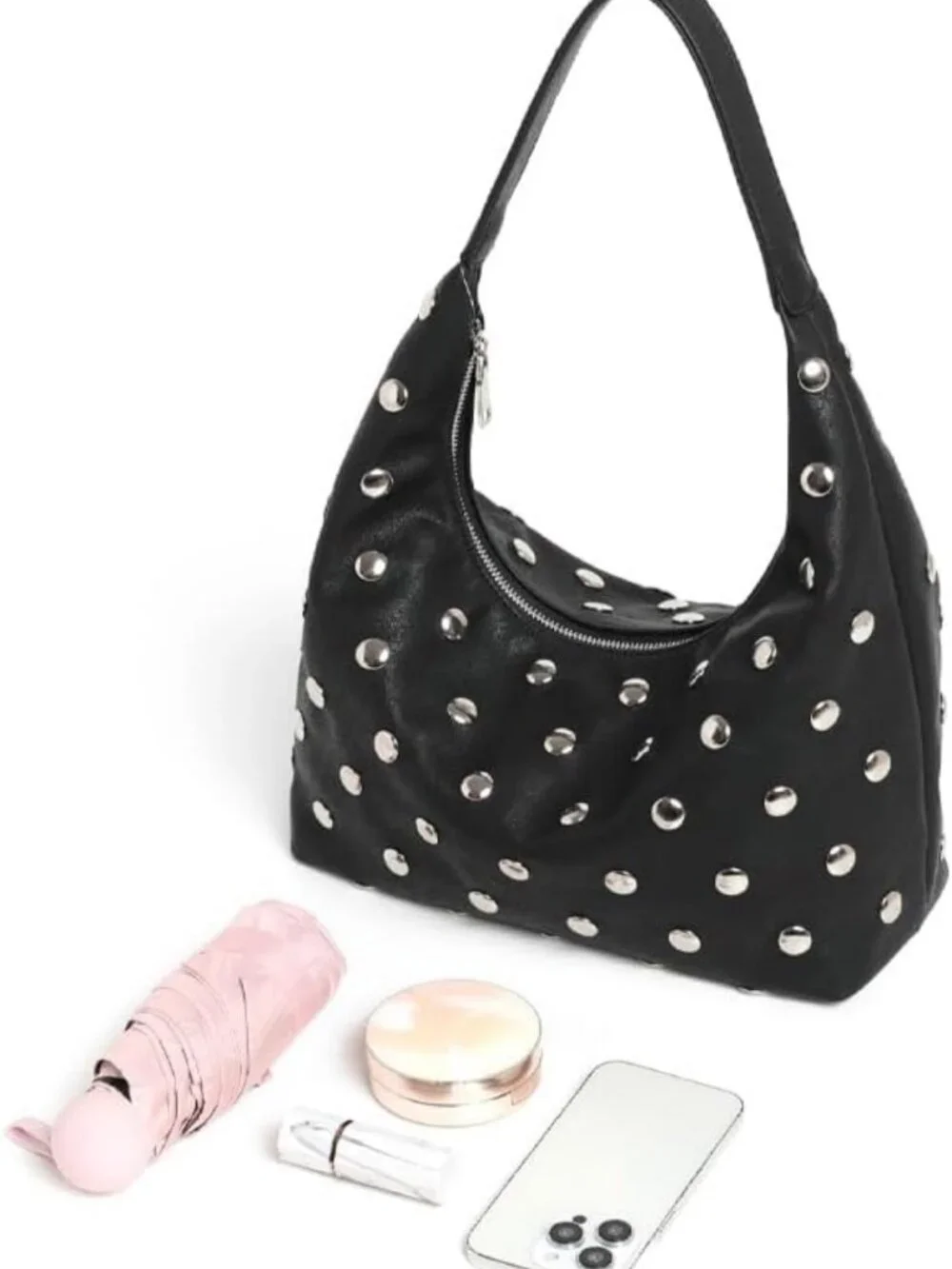 Stylish Soft Vegan Leather Studded Hobo Bag - Slouchy Shoulder Tote Purse for